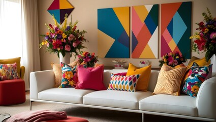 Obraz premium A warm and inviting living room featuring a sleek white modern sofa, accented with vibrant cushions and cozy throw blankets. The space is brought to life with colorful floral arrangements and striking