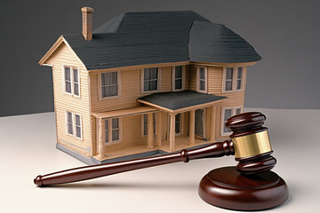 A judges gavel hammer next to a residential home. Property law and real estate