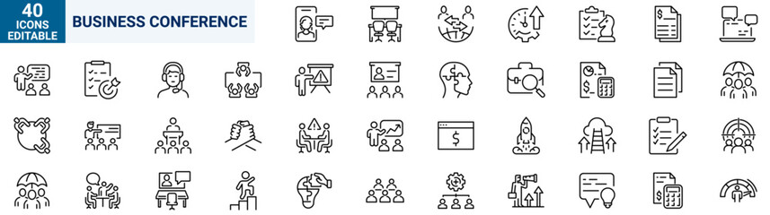 Business Conference web line icons. Meeting icon set of web in line style. Webinar icons Related to teamwork, interview, online meeting, discussion and more.