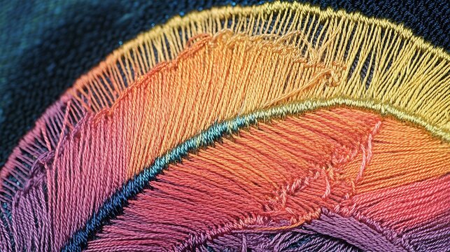 A zoomed-in view of an embroidered feather, featuring gradient threadwork and intricate stitching techniques