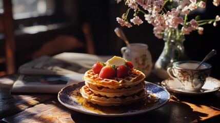 A stack of golden waffles with syrup, butter, and fresh strawberries, styled with a cozy brunch setting