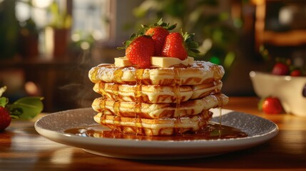 A stack of golden waffles with syrup, butter, and fresh strawberries, styled with a cozy brunch setting