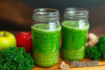 Green Detox Juice: A glass bottle filled with green juice made from kale, spinach, and green apples