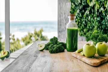 Green Detox Juice: A glass bottle filled with green juice made from kale, spinach, and green apples