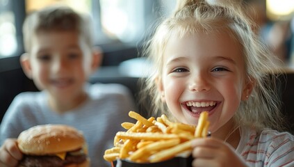 Happy Girl Enjoying French Fries at a Restaurant
