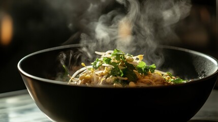 A steaming bowl of pho with fresh herbs, bean sprouts, and noodles, styled with an Asian-inspired feel