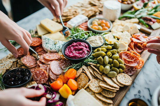 group of people are gathered around a table with a variety of snacks, including crackers, cheese, and olives. Scene is casual and social