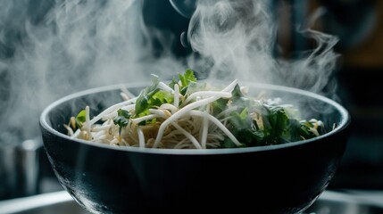 A steaming bowl of pho with fresh herbs, bean sprouts, and noodles, styled with an Asian-inspired feel