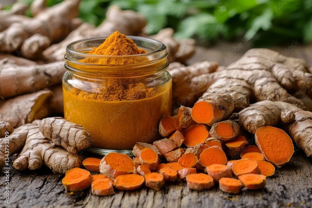 Poster fresh turmeric root and powder arranged attractively on a rustic wooden table with green foliage in 