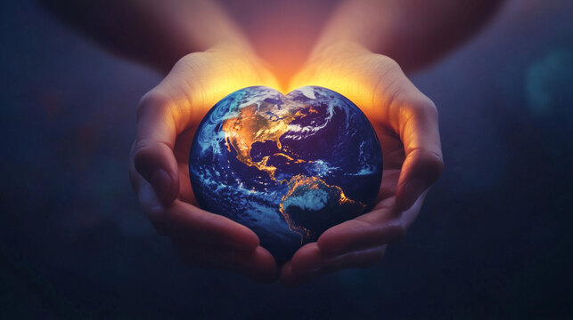 Glowing Earth in heart shape held by hands symbolizing peace and unity for World Peace Day campaigns and global awareness - Powered by Adobe
