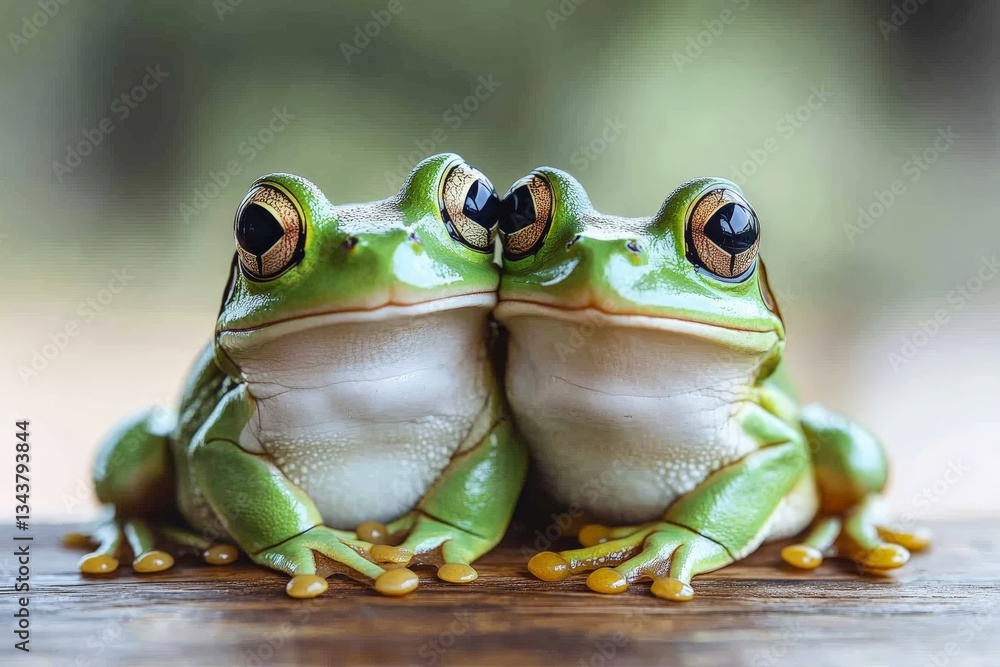 Aufkleber two green tree frogs sit closely together on a wooden surface in a natural setting during daylight h