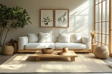 Fototapeta premium minimalizm, salon, nowoczesne wnętrze, jasne ściany, szare ściany, modułowa sofa, duża sofa, beżowa tkanina, stoliki boczne, białe meble, czarne oświetlenie, lampa sufitowa, oświetlenie torowe, dywan,