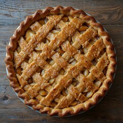 Apple Pie - A golden-brown, lattice-topped pie filled with tender, spiced apple slices, served on a rustic wooden table.