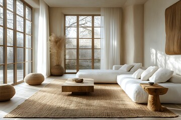 minimalizm, salon, nowoczesne wnętrze, jasne ściany, szare ściany, modułowa sofa, duża sofa, beżowa tkanina, stoliki boczne, białe meble, czarne oświetlenie, lampa sufitowa, oświetlenie torowe, dywan,