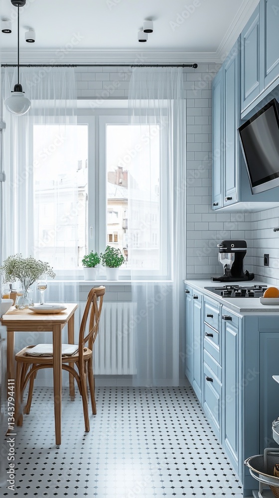 Poster soft blue cabinets and a wooden table create a serene atmosphere in this well-lit kitchen. sunlight 
