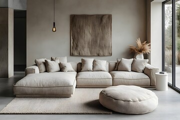 minimalizm, salon, nowoczesne wnętrze, jasne ściany, szare ściany, modułowa sofa, duża sofa, beżowa tkanina, stoliki boczne, białe meble, czarne oświetlenie, lampa sufitowa, oświetlenie torowe, dywan,