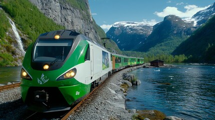Green Passenger Train on Scenic Railway Beside Mountain Lake