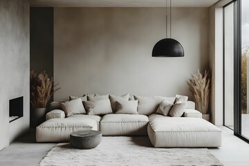 minimalizm, salon, nowoczesne wnętrze, jasne ściany, szare ściany, modułowa sofa, duża sofa, beżowa tkanina, stoliki boczne, białe meble, czarne oświetlenie, lampa sufitowa, oświetlenie torowe, dywan,