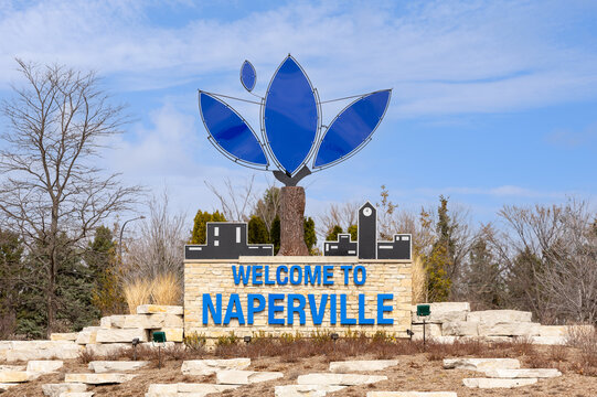 Naperville, IL, USA - March 18, 2025: Welcome to Naperville sign. Naperville is a Western suburb of Chicago in DuPage County and ranked as one of the best cities to live in the United States.
