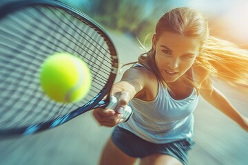 Female Tennis Player Hitting Ball in Action  

