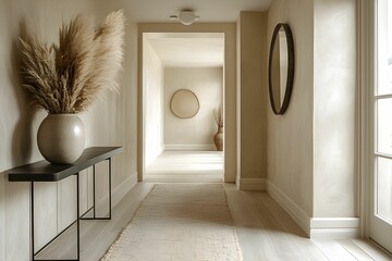 przedpokój, minimalistyczne wnętrze, nowoczesny design, elegancja, neutralna paleta barw, jasne drewno, drewniana podłoga, styl skandynawski, nowoczesna przestrzeń, architektura wnętrz, subtelne oświe