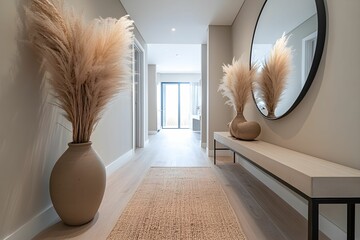 przedpokój, minimalistyczne wnętrze, nowoczesny design, elegancja, neutralna paleta barw, jasne drewno, drewniana podłoga, styl skandynawski, nowoczesna przestrzeń, architektura wnętrz, subtelne oświe