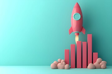 tudent, wykres słupkowy, rosnący, pastelowe tło, minimalizm, różowa strzała, rakieta, rosnąca strzała, sukces, wzrost biznesu, tło zielono-niebieskie, wizualizacja 3D, ilustracja 3D, symbole sukcesu, 