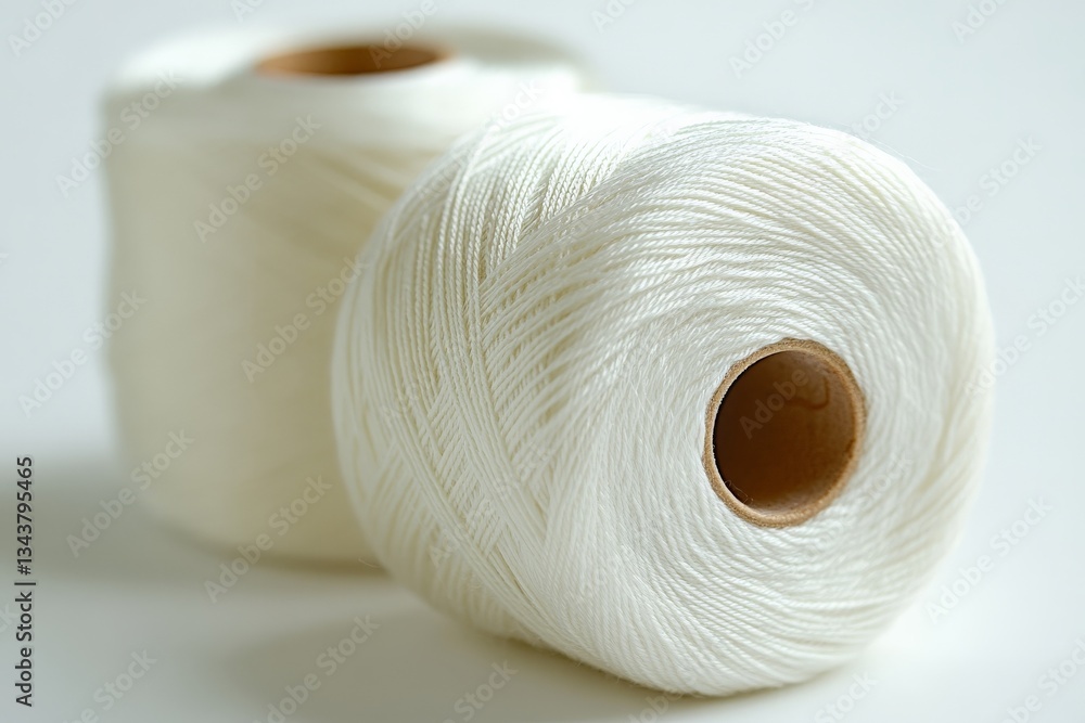 Poster white thread spools arranged on a light background for crafting and sewing activities in a creative 