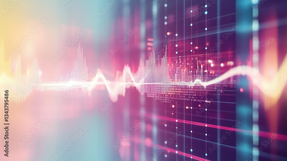 Poster abstract visualization of sound waves with vibrant colors and digital patterns reflecting technology
