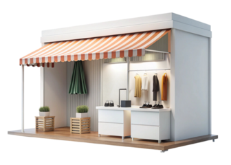 Creative pop-up shop concept with clothing display and inviting exterior design on a clean white background.