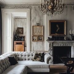 Elegant Living Room Interior Design with Antique Furniture and Artwork. A luxurious and sophisticated space showcasing a comfortable sectional sofa, ornate fireplace, and classic paintings.