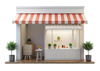 Elegant pop-up shop exterior with plant decor and stylish awnings in minimalistic white background setting.