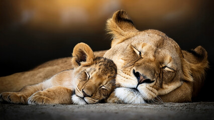 Obraz premium lionne faisant un câlin à son bébé