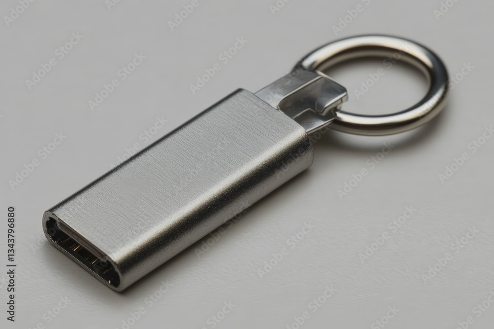 Poster metal usb drive attached to a keyring for convenient data storage and portability