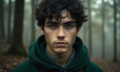 Young man with curly hair outdoors