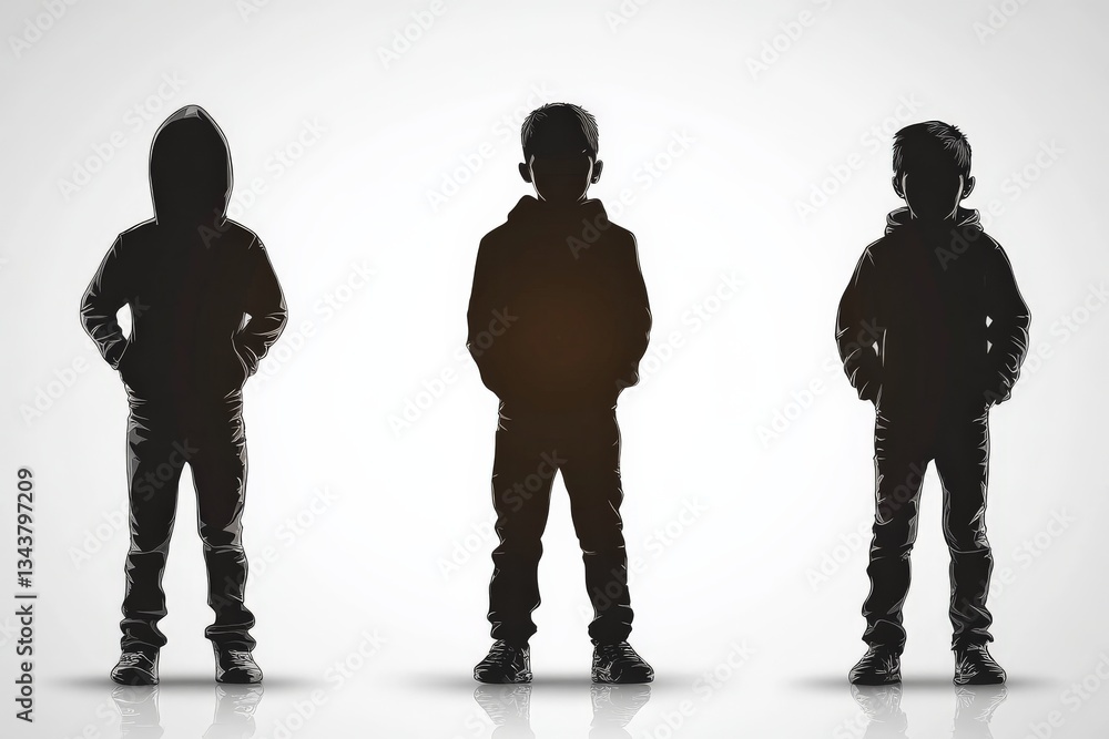 Poster three silhouettes of children standing in a row, projecting a sense of mystery and contemplation in 
