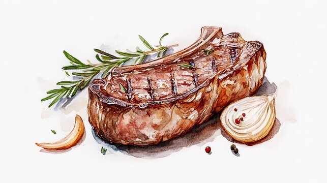 Raw steak. Piece of meat with onion and rosemary. Watercolor illustration isolated from background. Beef or lamb meat. Red onion cut into rings