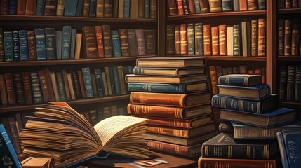 Fototapeta premium Composition of vector illustration of open book, standing books, stack of books. Book lover, bookstore, library, writer concept. Banner background for reading room website landing page design. 