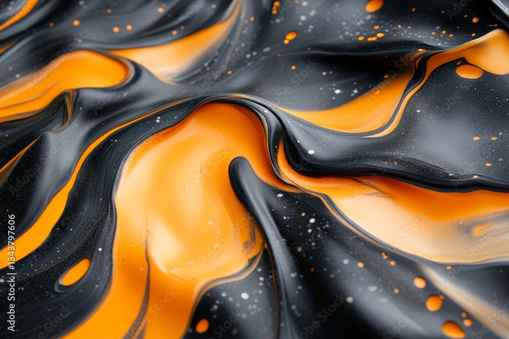 Aufkleber Colorful swirling patterns of black and orange paint displayed on a smooth surface during an art creation process