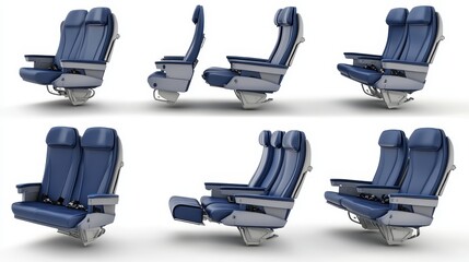 Airplane seat from different sides. Isolation. On a white background. 3d rendering.