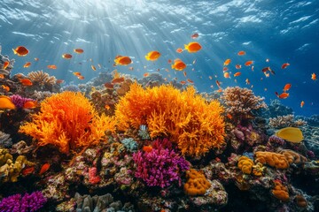 Naklejka premium Colorful coral reef teeming with tropical fish in clear blue ocean waters beneath the sunlight