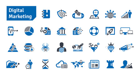 Digital Marketing and SEO Blue Icons Set. Social Media, Communication, Technology, Advertising, Ecommerce, Cyberspace, Target Audience, Website Icons Vector Illustration