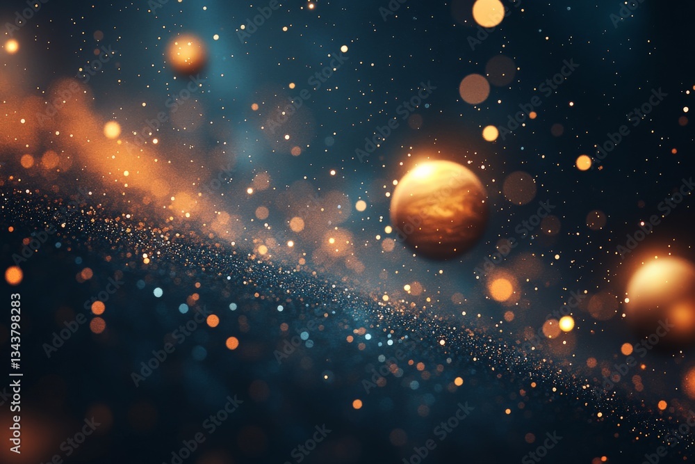 Poster Colors and textures create an enchanting cosmic atmosphere with glowing orbs and shimmering particles in space