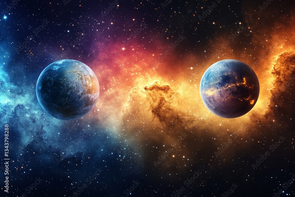 Aufkleber two distant planets floating in a cosmic landscape filled with vibrant colors and swirling clouds