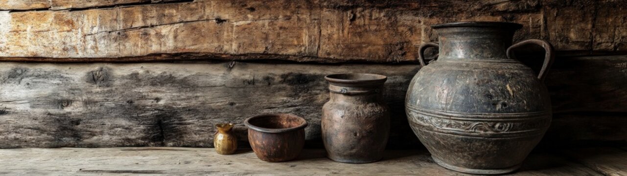 Rustic Antique Pots and Jars Arranged on a Wooden Surface