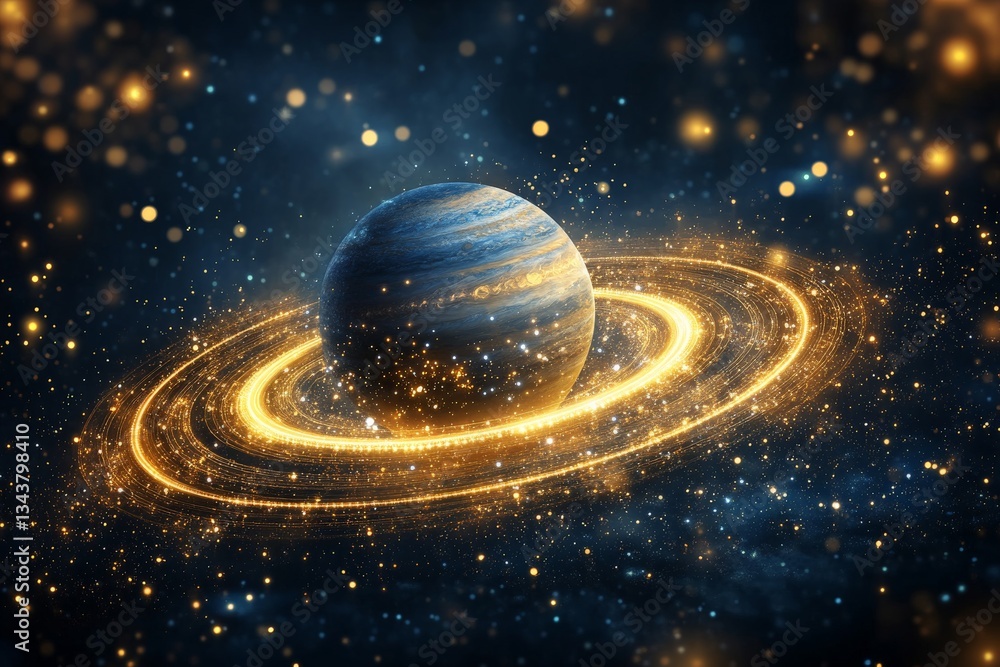 Poster colorful cosmic view of a planet with rings surrounded by shimmering stars in a dark universe