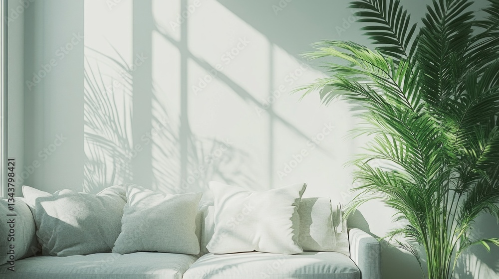 Poster Soft sunlight filters through spacious windows, casting gentle shadows on a minimalist sofa adorned with plush pillows, creating a serene indoor retreat filled with greenery