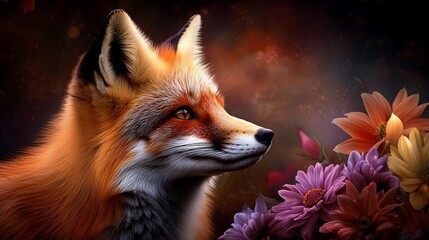 Obraz premium Captivating fox portrait amidst a vibrant floral display with mystic ambiance
