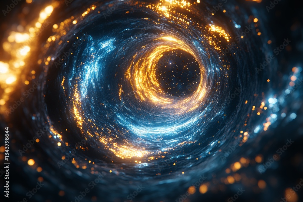 Poster vivid cosmic swirl displaying bright blue and gold lights in a mesmerizing galaxy tunnel during spac