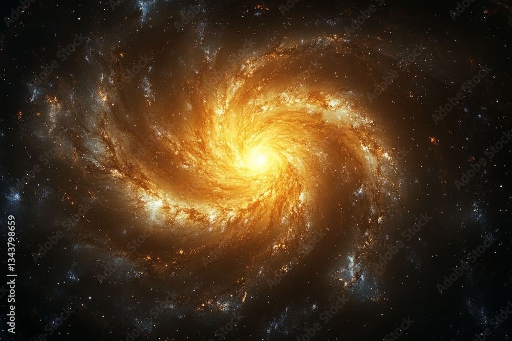 Poster spiral galaxy displaying vibrant orange and yellow hues against a backdrop of stars in deep space
